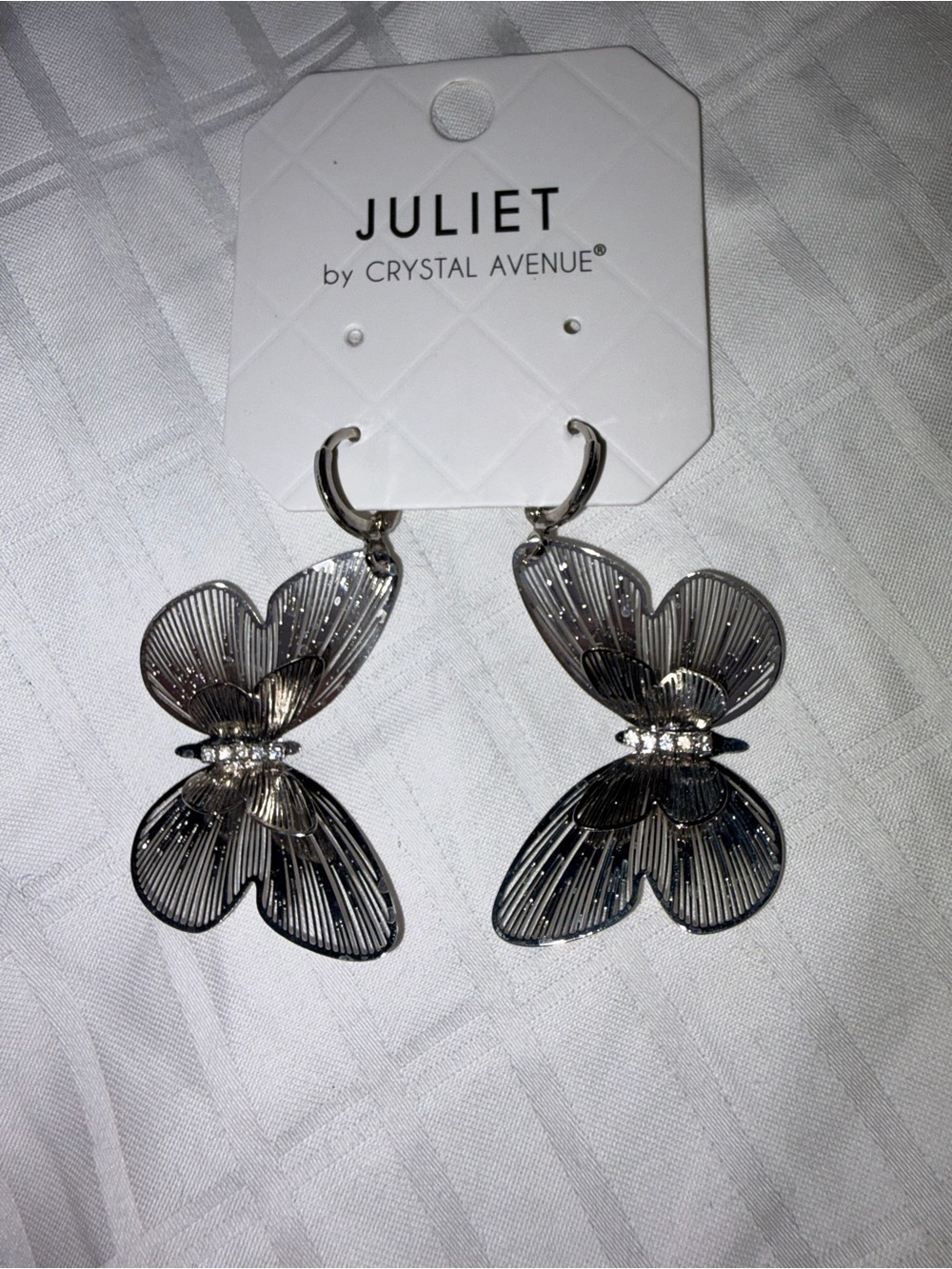 Juliet by Crystal Avenue Layered Butterfly Drop Earrings Silver Rhinestone NWT